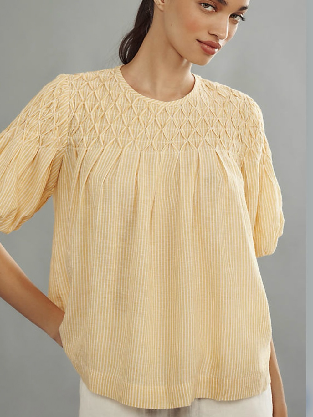 Anthropologie Liza Linen Blend Smocked Top in yellow and white stripe